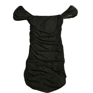 PRINCESS POLLY Charvi Black Mesh Mini Dress Off-Shoulder Ruched Flattering Sexy